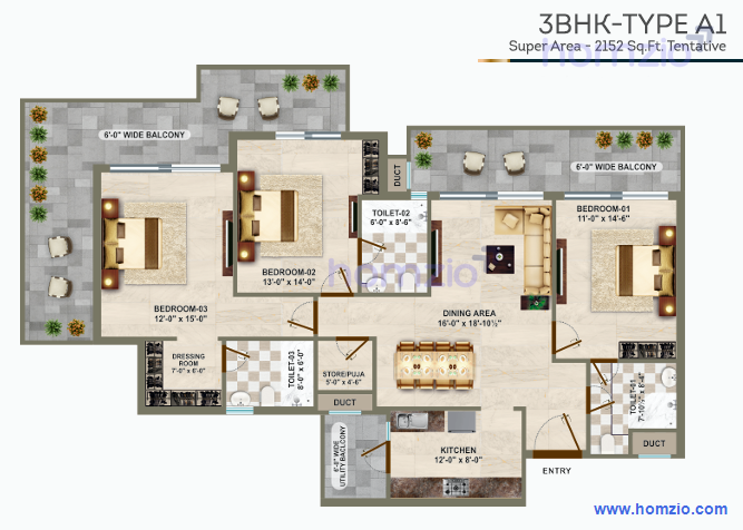 3BHK | 2050 Sq.Ft | 1.55 cr